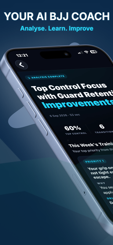 BJJ Vision AI — Completed roll analysis with top-control stats and a priority training drill.
