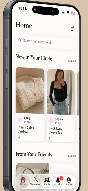 Borrowed home feed showing clothes shared within a Circle
