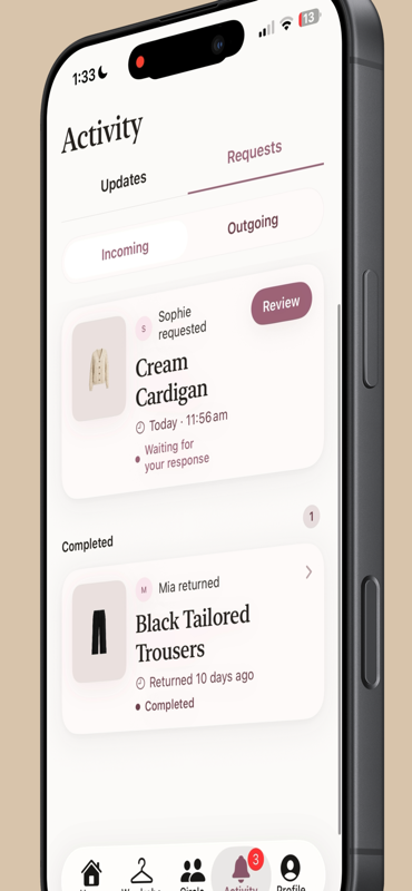 Borrowed — Activity tab with borrow requests and completed item returns.