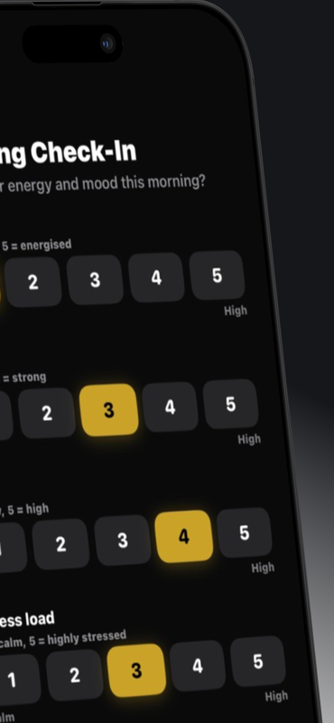Mood Track — Morning check-in with numbered ratings for energy, mood and stress load.
