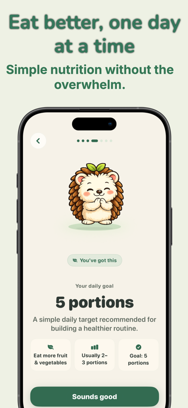 Nouri — Hedgehog mascot introducing a daily goal of five fruit and vegetable portions.