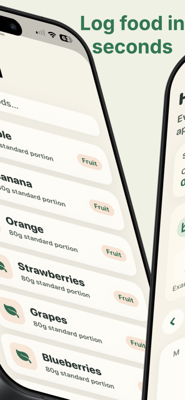 Nouri — Quick food logging list with fruit portions such as apple, banana and berries.